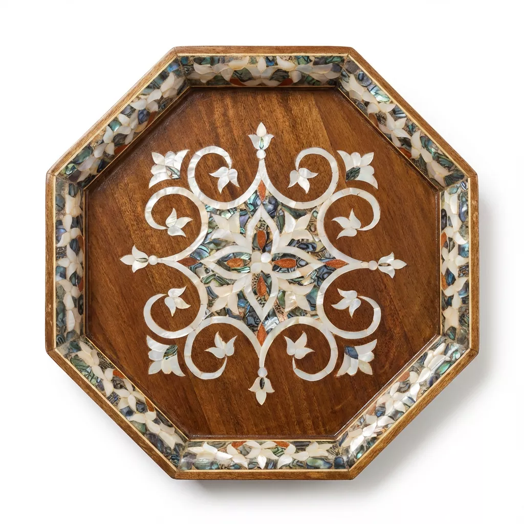 Handcrafted Octagonal Mother-of-Pearl Inlay Wooden Tray 2