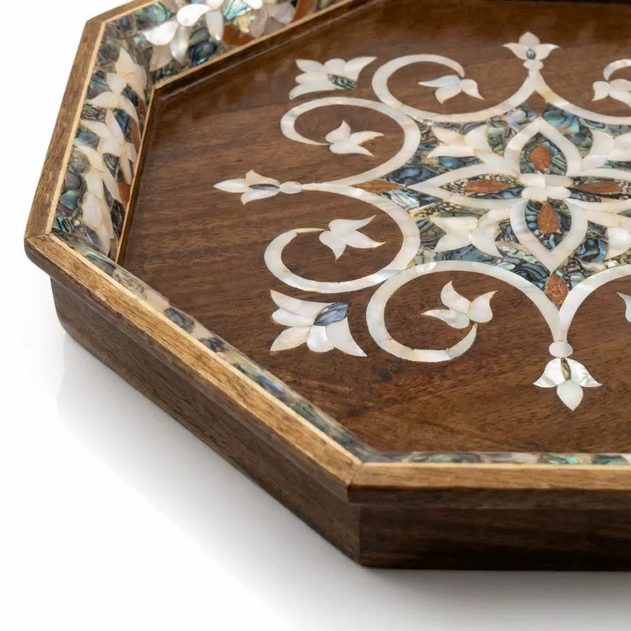 Handcrafted Octagonal Mother-of-Pearl Inlay Wooden Tray 3