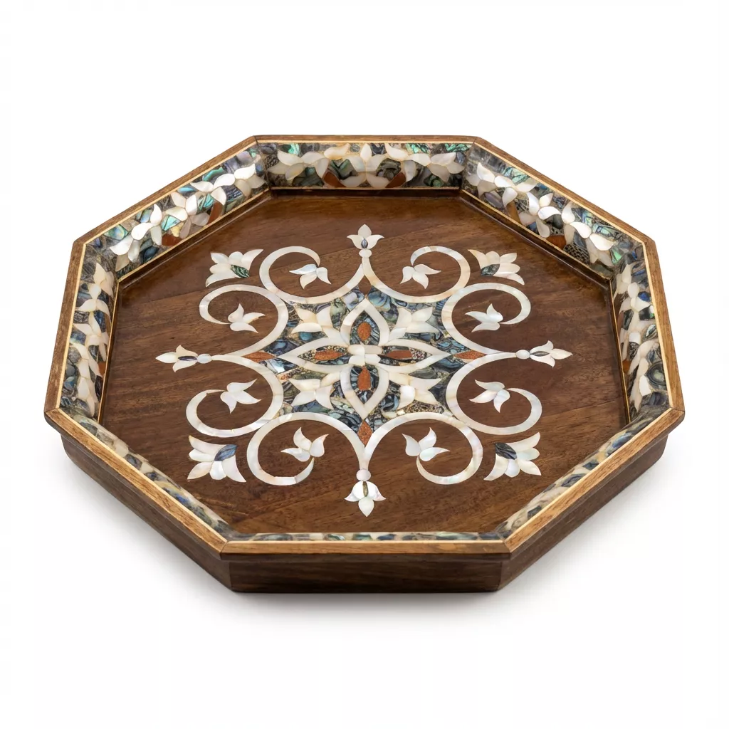 Handcrafted Octagonal Mother-of-Pearl Inlay Wooden Tray